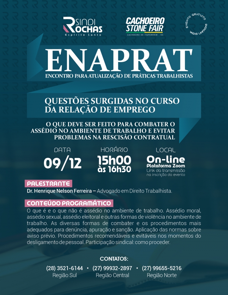 Live • Enaprat (Encontro para Atualização de Práticas Trabalhistas) – Questões Surgidas no Curso da Relação de Emprego: O que Deve ser Feito para Combater o Assédio no Ambiente de Trabalho e Evitar Problemas na Rescisão Contratual