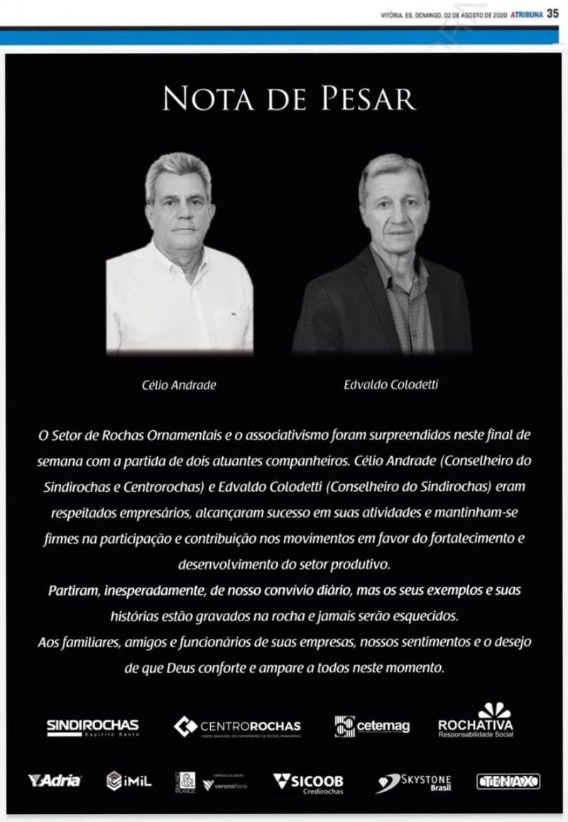 Nota de pesar pela perda dos diretores Célio Andrade e Edvaldo Colodetti