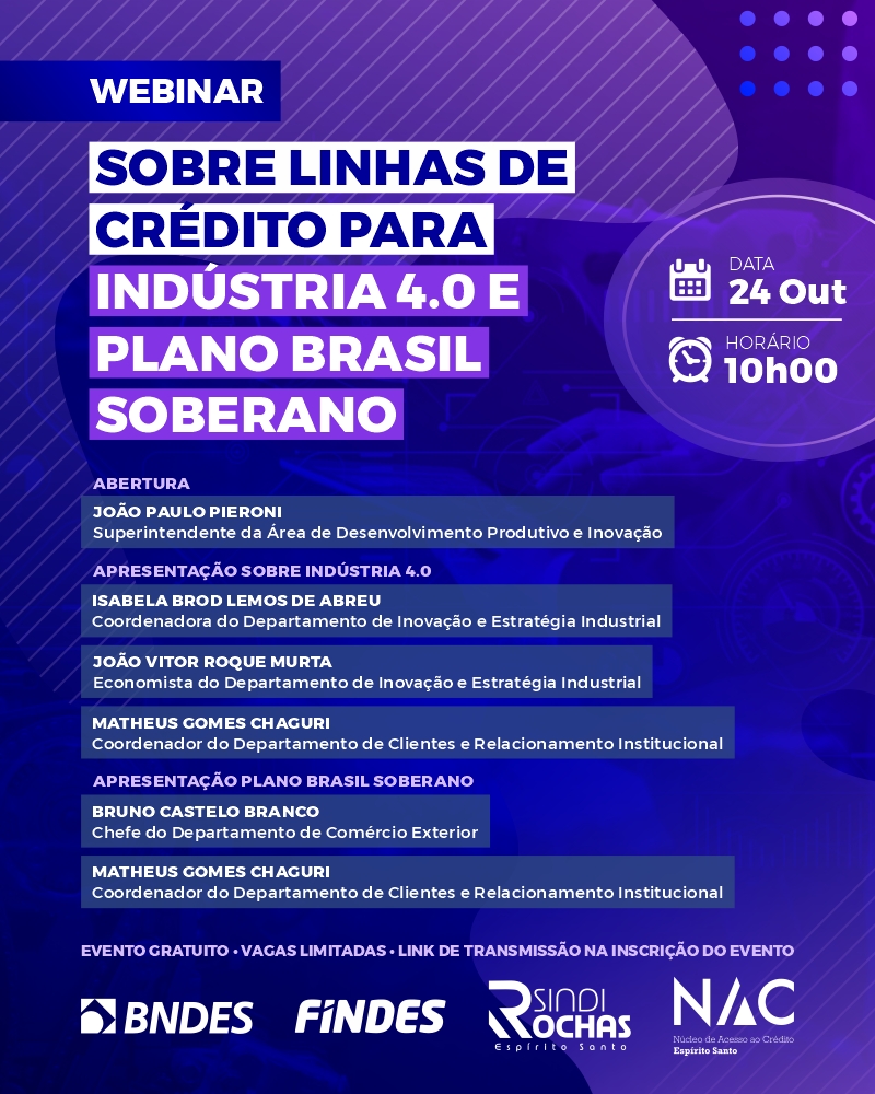 Webinar sobre Linhas de Crédito para Indústria 4.0 e Plano Brasil Soberano